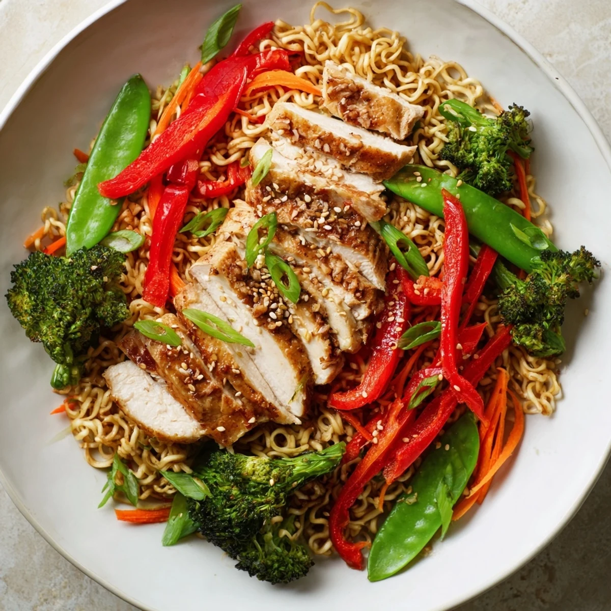 Close-up of crispy sheet-pan ramen with chicken, glistening with a savory, flavorful sauce.