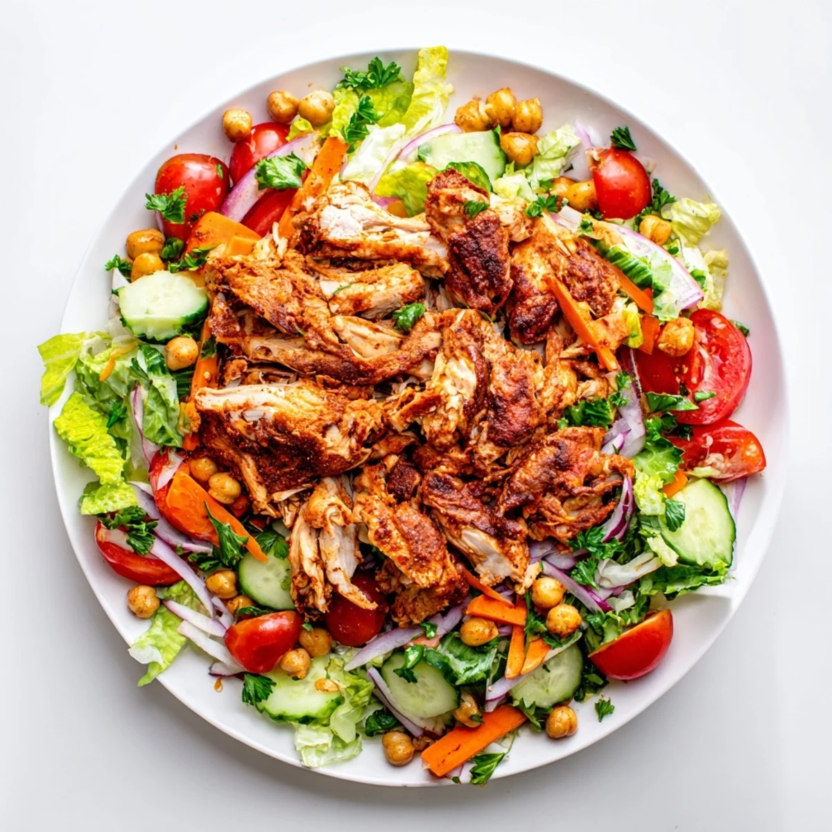 A colorful bowl of chicken salad with vibrant chopped vegetables prepared for serving.