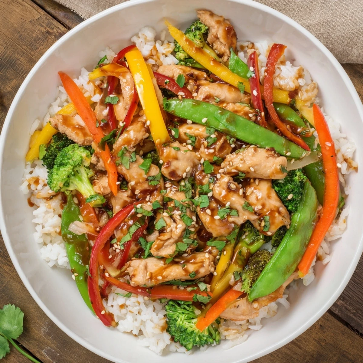 A flavorful bowl of Chicken Stir-Fry steaming, garnished with sesame seeds and fresh scallions on rice.