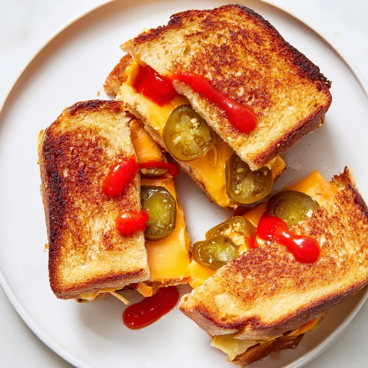 Golden-brown Spicy Pickle Grilled Cheese Dippers ready to be dipped, with visible crispy edges and melted cheese.