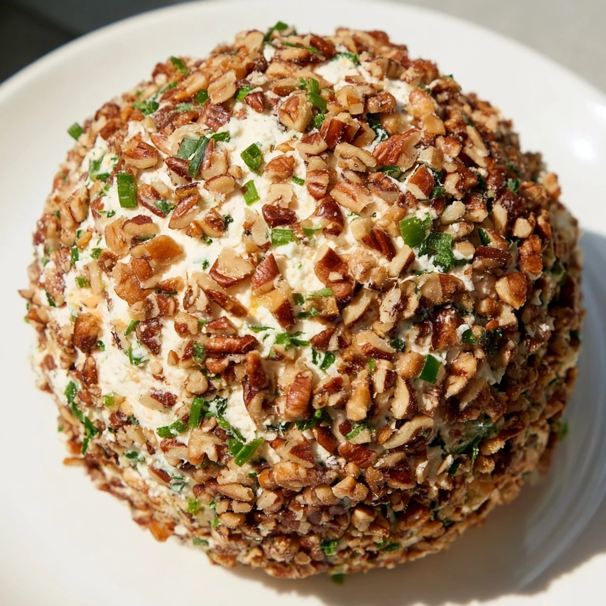 A beautifully rolled Classic Cheese Ball with Ranch Seasoning, speckled with fresh herbs and chopped nuts.
