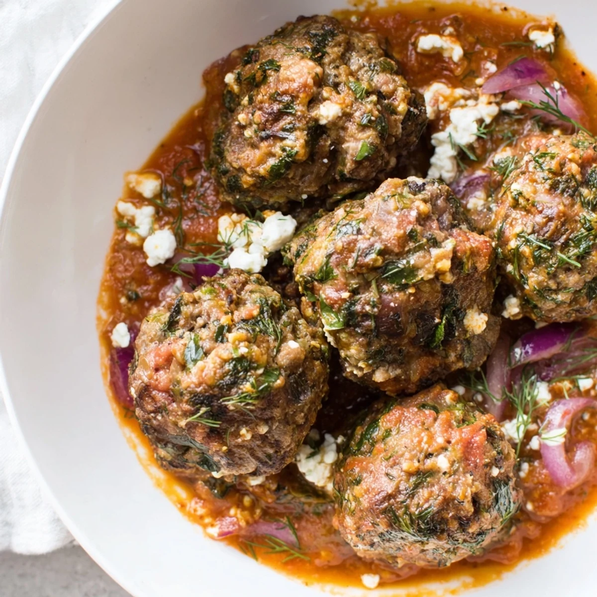 A close-up of delicious Instant Pot Greek Meatballs, showcasing their juicy texture and bright lemon-feta.