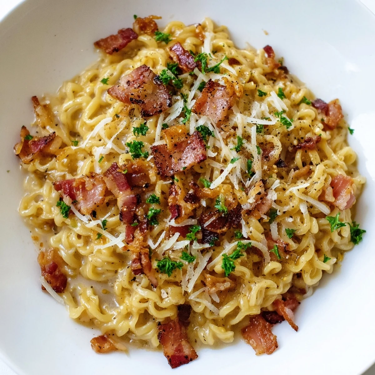 Enjoy the savory, comforting Instant Pot Carbonara Ramen Hack, topped with crispy bacon and Parmesan cheese.