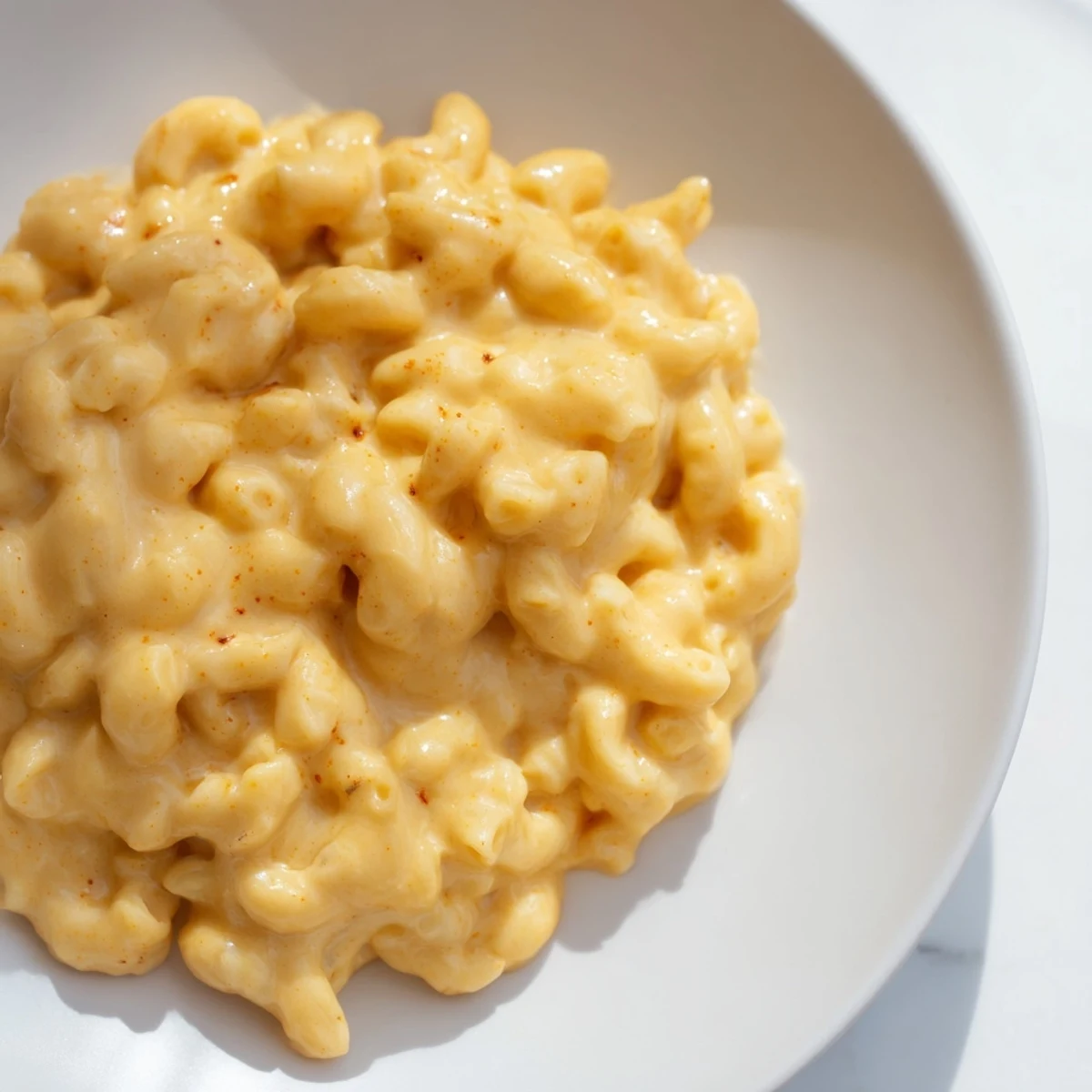 A steaming bowl of one-pot butternut squash mac & cheese, topped with melty cheese and ready to eat.