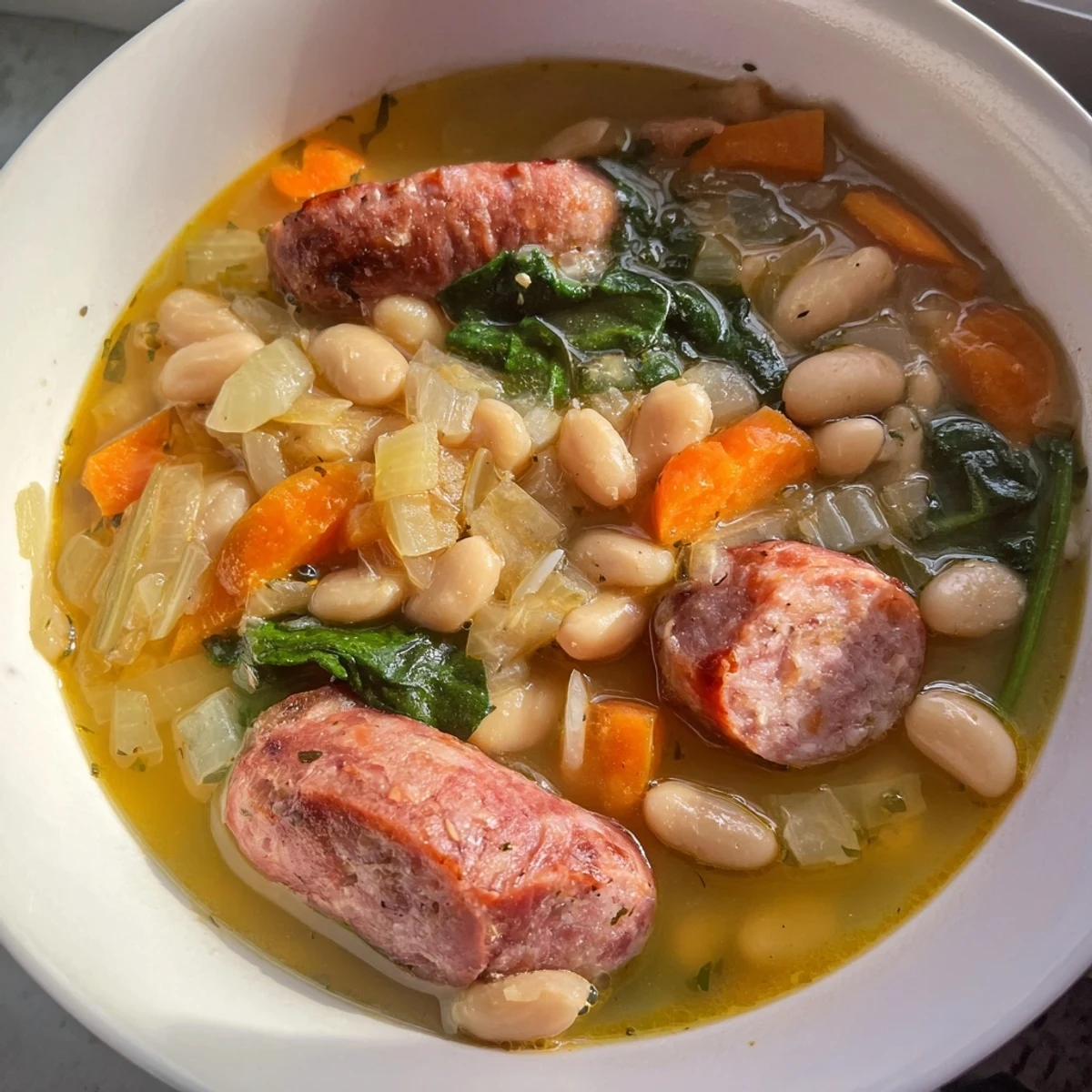 Steaming bowl of Simple Sausage and White Bean Soup, garnished, ready for a comforting, quick meal.