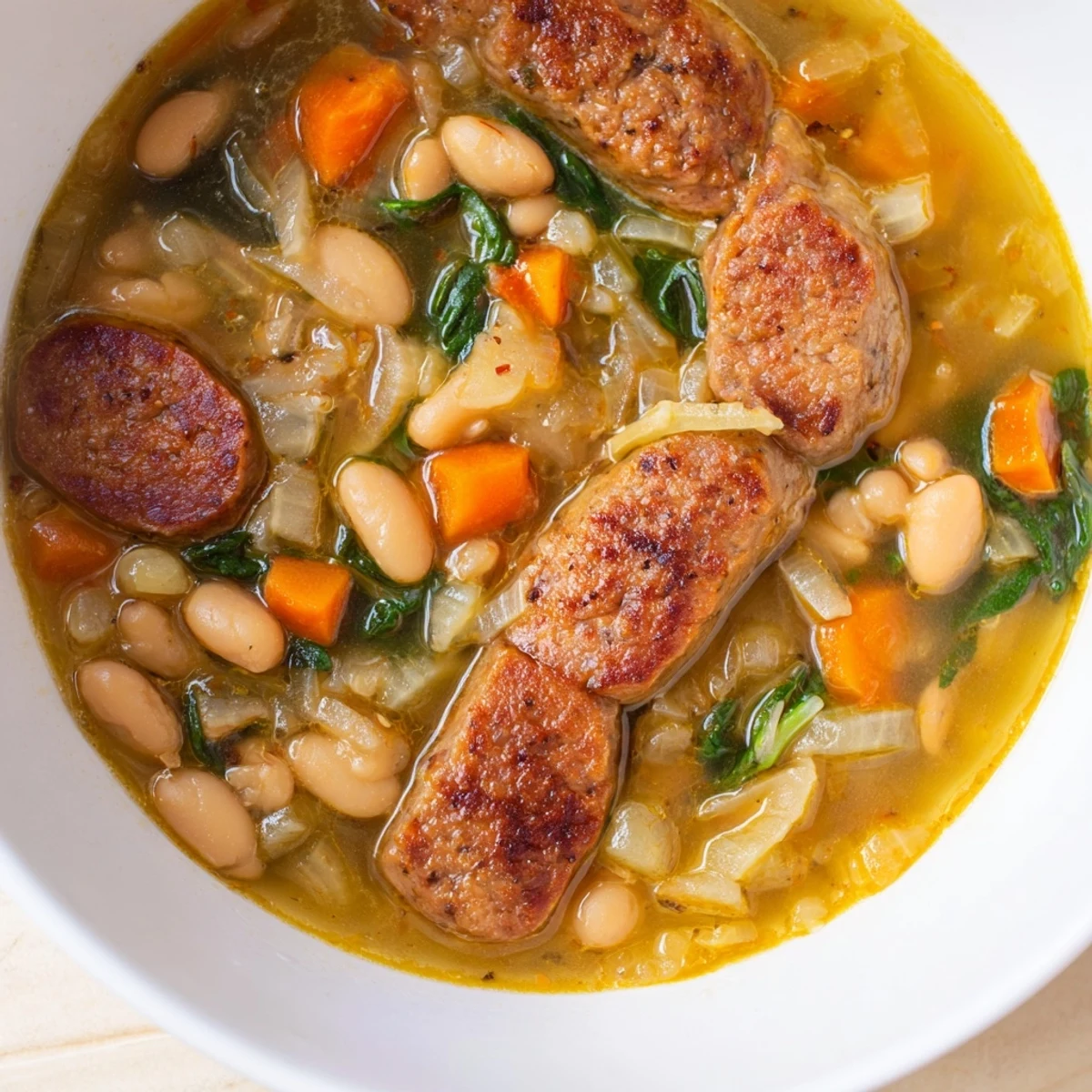 A close-up shot of the flavorful Simple Sausage and White Bean Soup, perfect with crusty bread on a chilly day.