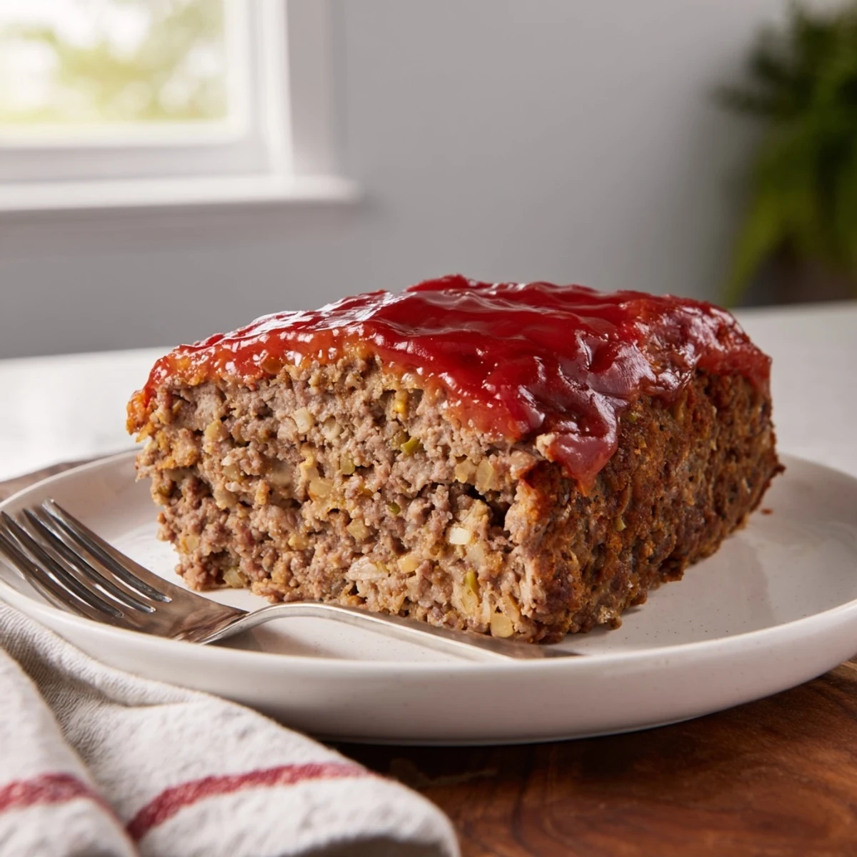 Tender Stove Top Stuffing Meatloaf Hack, glistening with a ketchup glaze, ready for serving with mashed potatoes.