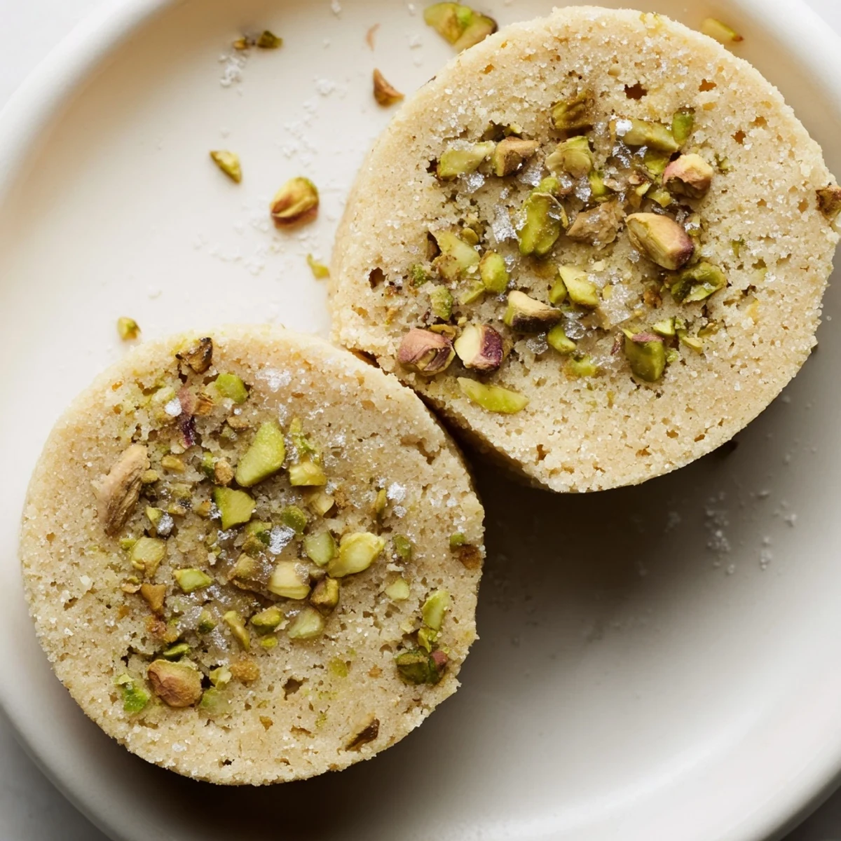 Golden, buttery Salted Pistachio Slice & Bake Shortbread cookies glistening with flaky sea salt, ready to enjoy.