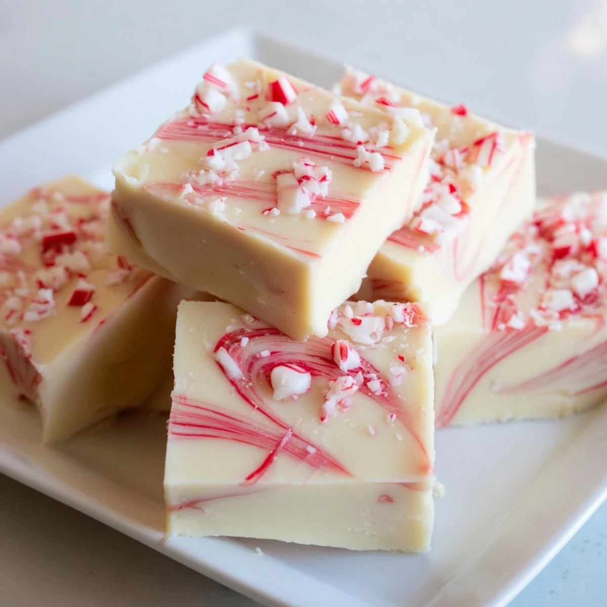 Close-up of swirled White Chocolate Peppermint Bark Fudge with vibrant crushed candy topping.