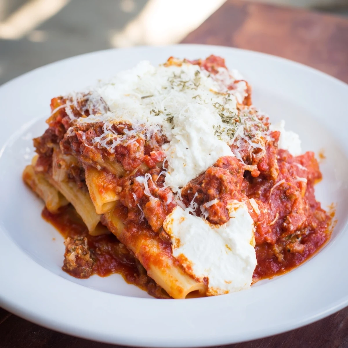 A close-up of creamy, cheesy slow cooker baked ziti, perfect for a comforting Italian dinner tonight.