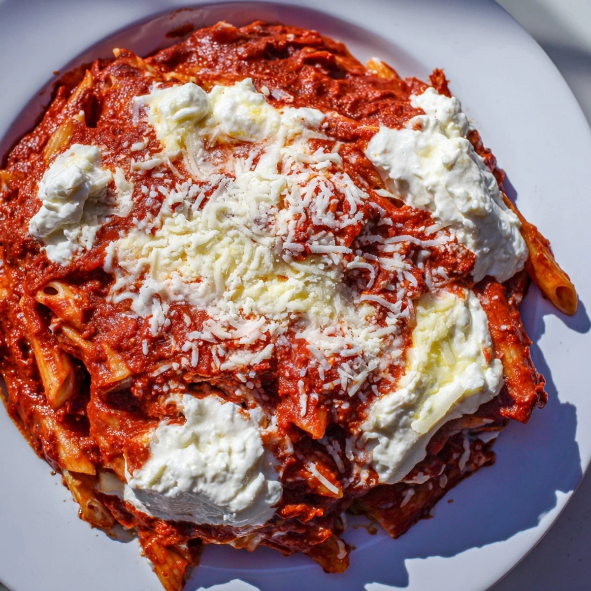 Delicious slow cooker baked ziti featuring layers of pasta, cheese, and marinara, a family favorite.