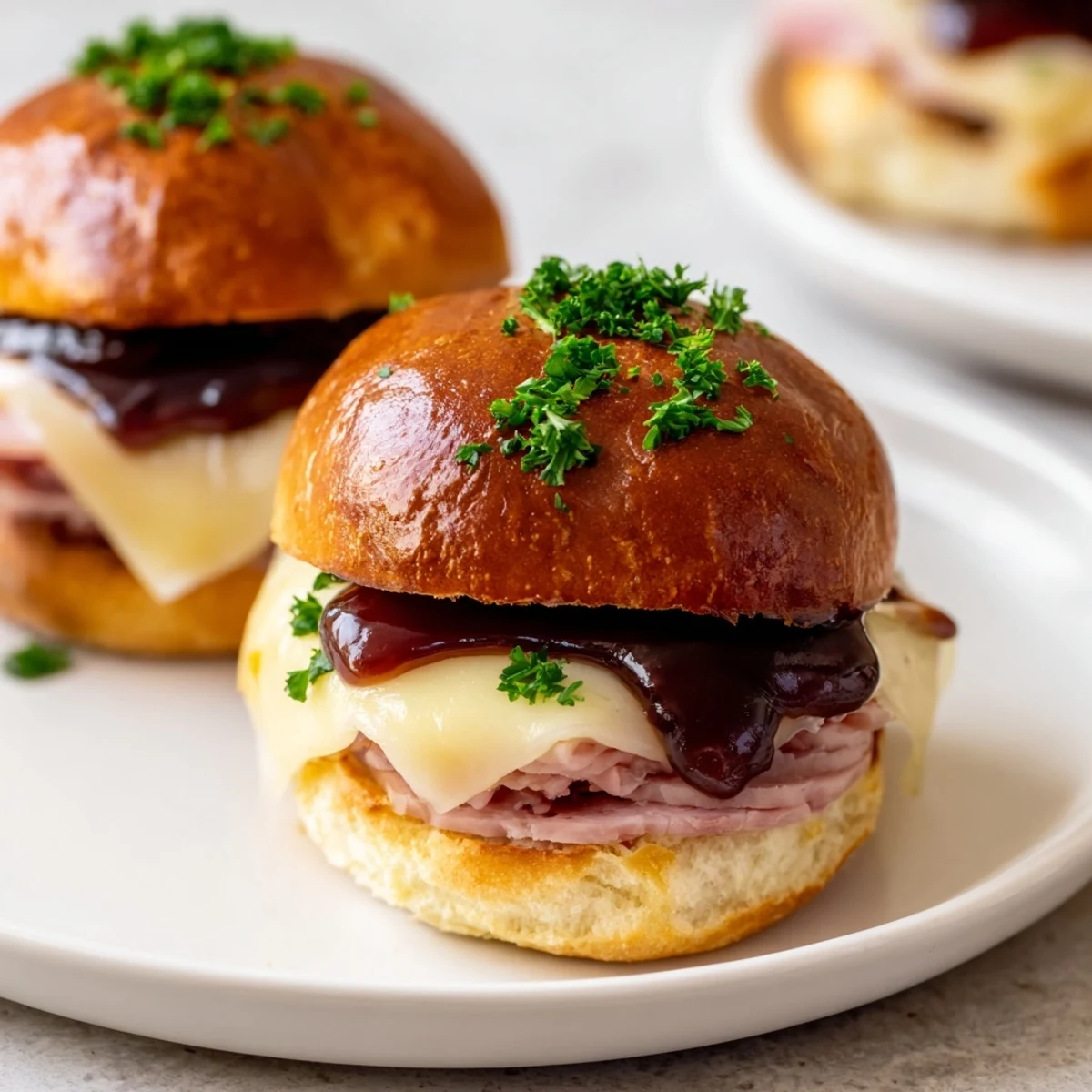 Cherry-glazed ham and cheese slider mashup, golden-brown and glistening, ready for a delicious game-day treat.