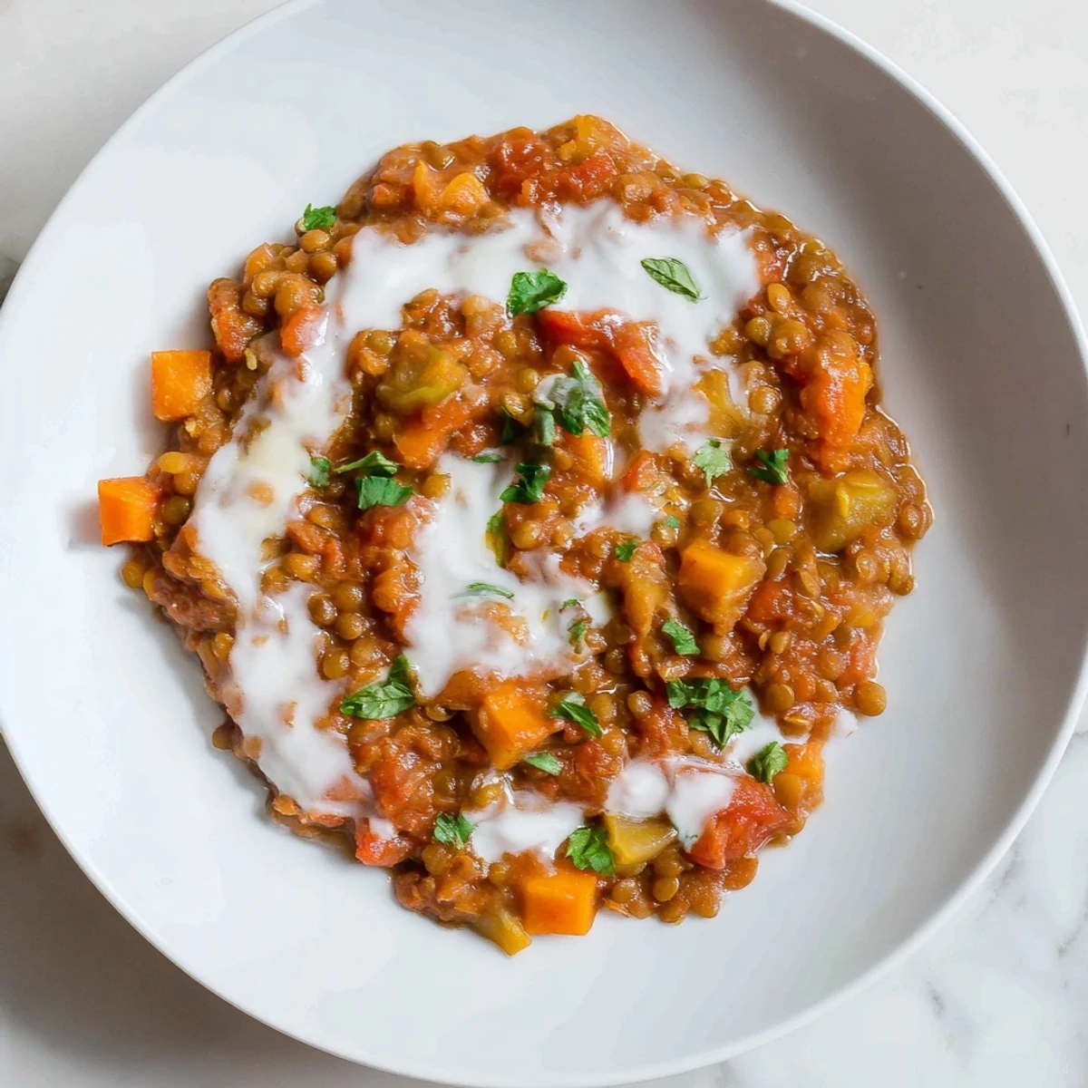 Steaming Creamy Tomato Basil Lentil Bolognese, glistening with fresh basil, ready for a comforting dinner.