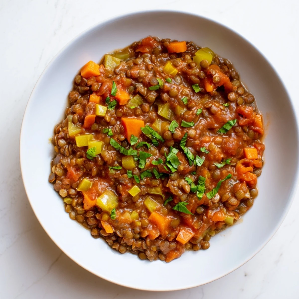 A flavorful bowl of Creamy Tomato Basil Lentil Bolognese, offering a rich aroma and vibrant veggie texture.