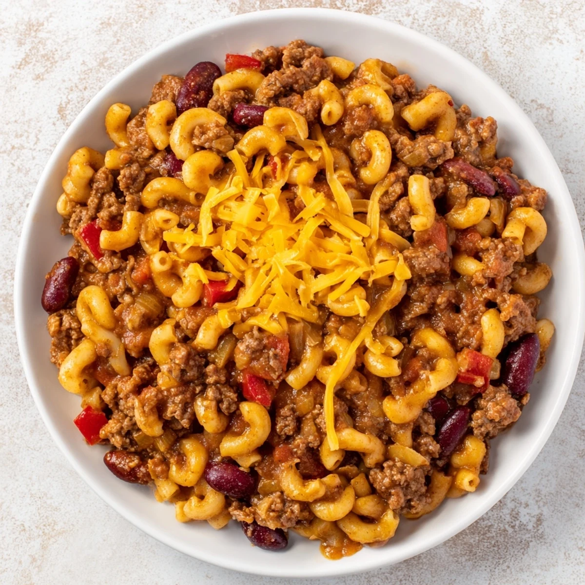 Steaming Cheeseburger Chili Mac Skillet, topped with melted cheddar, a hearty and flavorful one-pan meal.