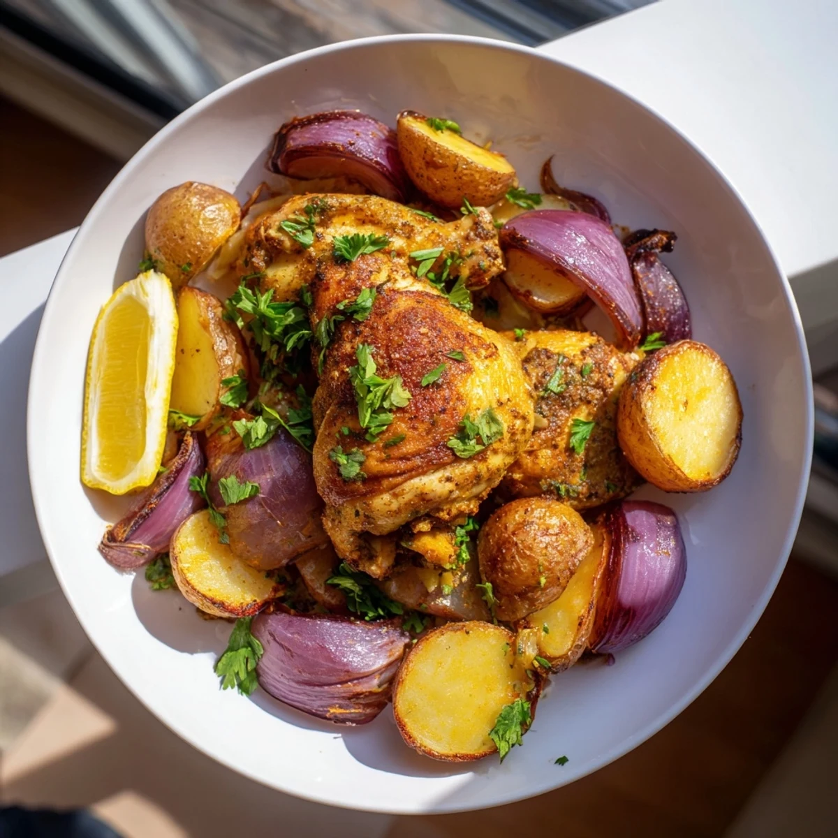 This satisfying Sheet Pan Zaatar Chicken recipe features flavorful chicken with vegetables, ready for serving.