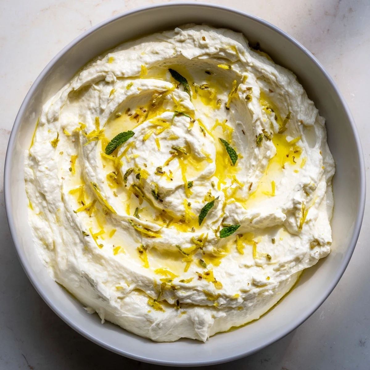 Creamy whipped feta dip with vibrant lemon-mint drizzle, ideal for easy entertaining.