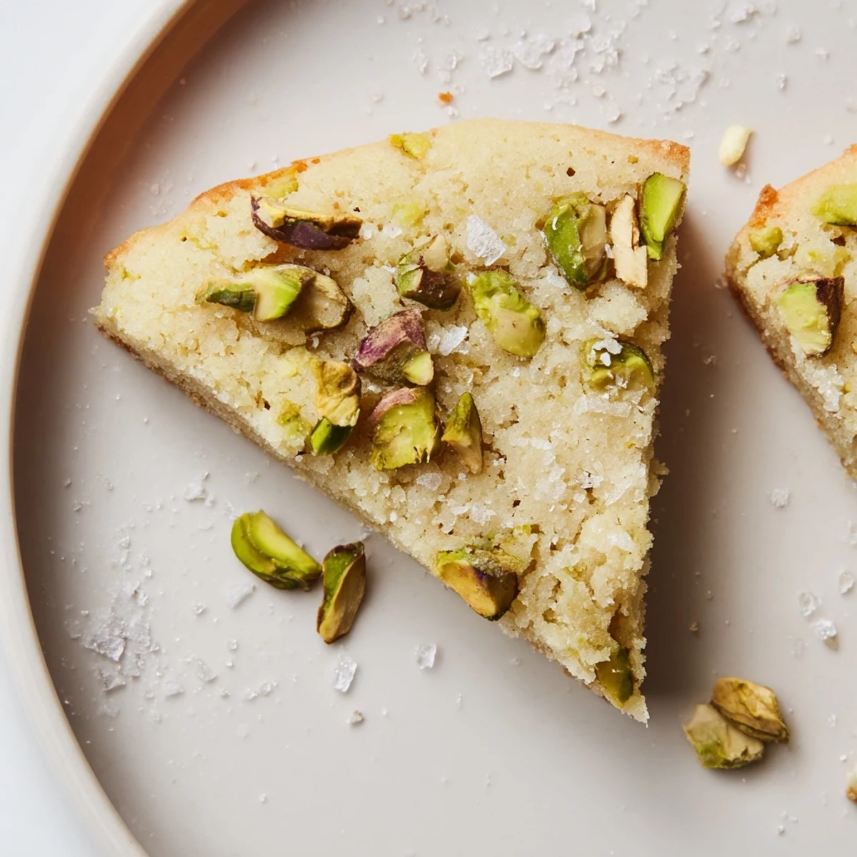 Freshly baked Salted Pistachio Shortbread with a buttery aroma and a sprinkle of glistening sea salt.