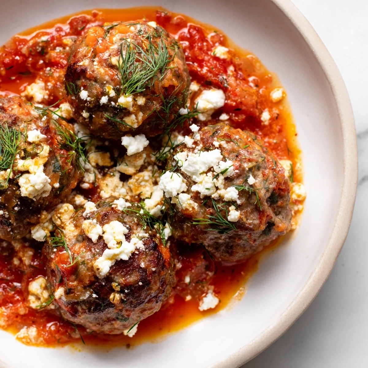 Instant Pot Greek Meatballs, glistening in a vibrant tomato sauce, topped with creamy lemon-feta.