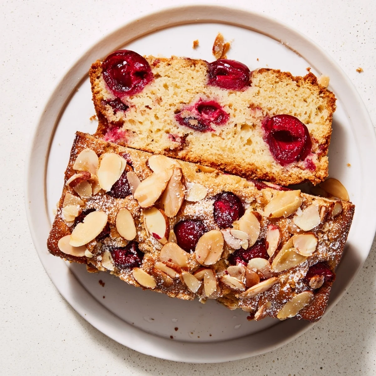 Moist Cherry Almond Loaf Cake with glistening cherries, perfect for a cozy afternoon treat.