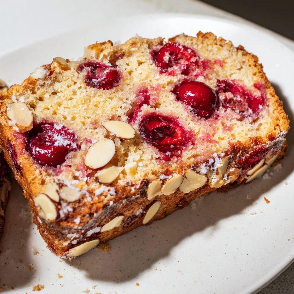 A golden-brown slice of Cherry Almond Loaf Cake, showing the tender crumb and almond topping.