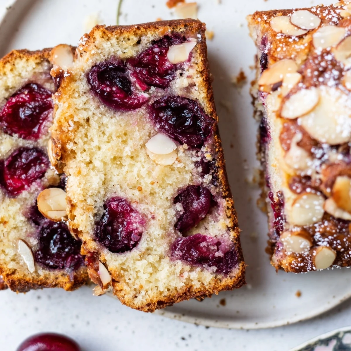 Freshly baked Cherry Almond Loaf Cake, speckled with cherries, ready to be enjoyed with coffee.