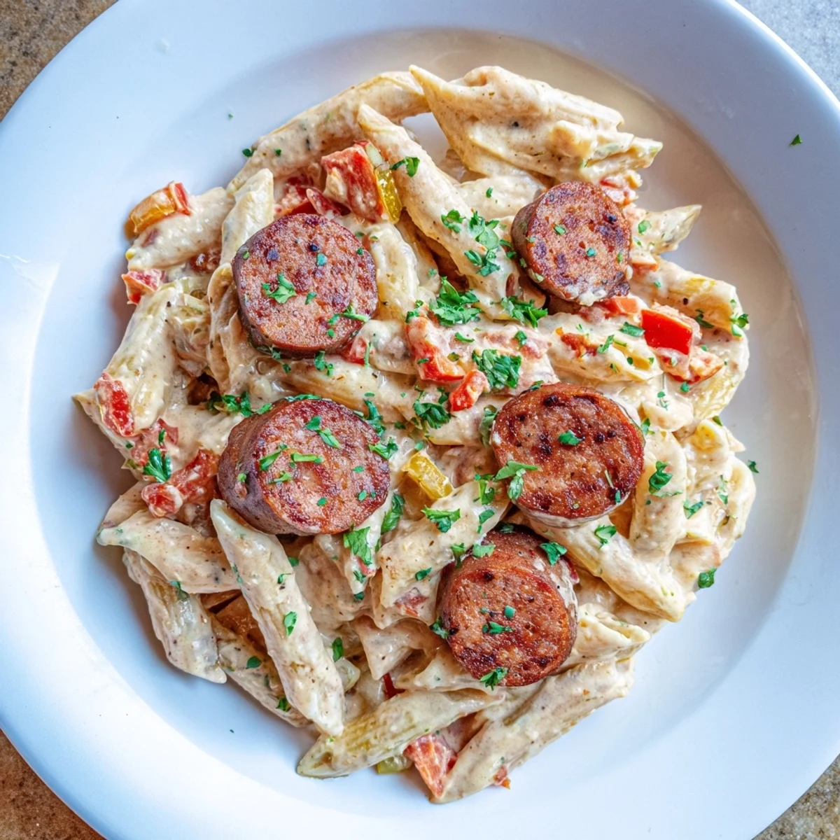 Smoked Sausage Cajun Alfredo with penne, a creamy pasta dish with bits of sausage and red pepper.