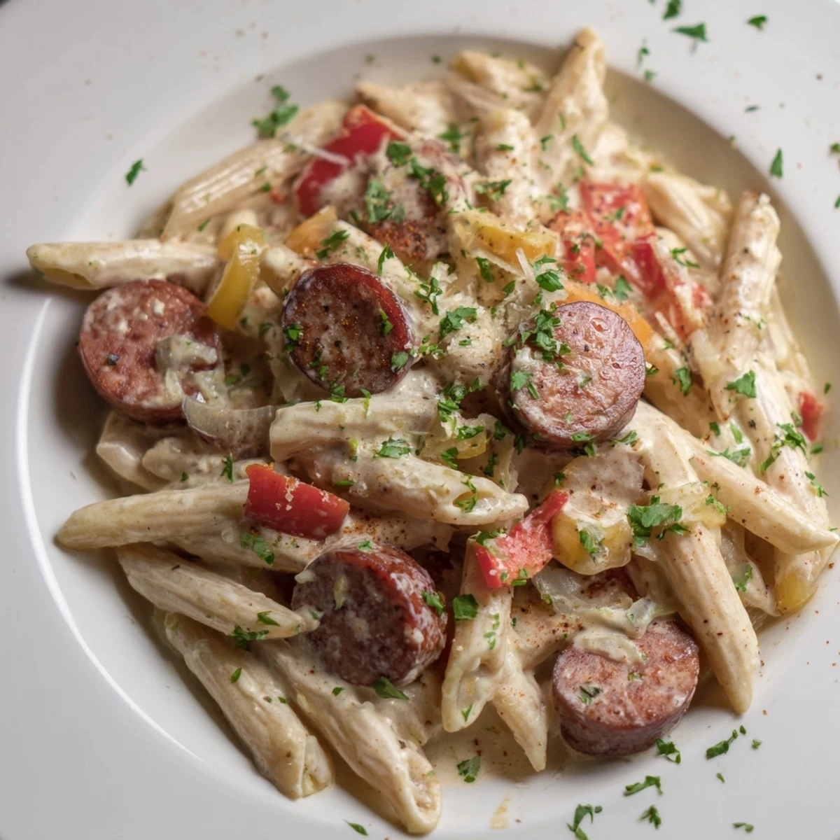 Enjoy a steaming plate of Smoked Sausage Cajun Alfredo; a delightful, flavorful comfort food meal.