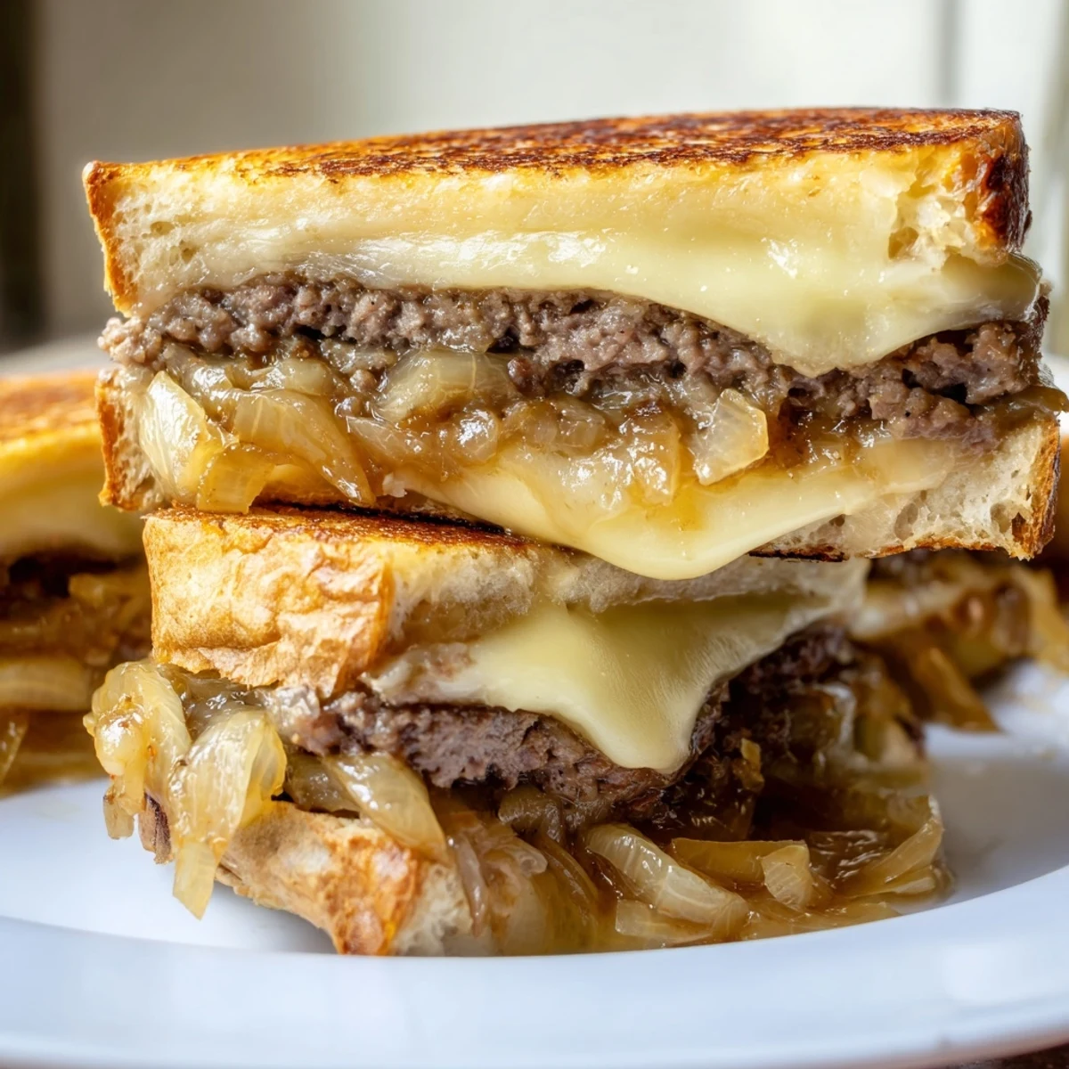 Close-up of a sizzling Patty Melt Skillet showcasing golden-brown bread with melting Swiss cheese goodness.