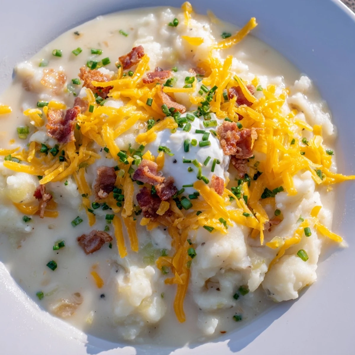 A steaming bowl of The Ultimate Baked Potato Soup, thick and creamy with visible toppings.