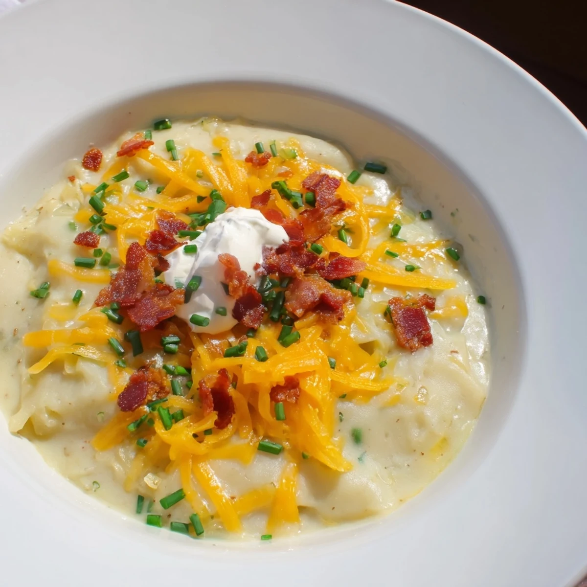 This gorgeous photo shows The Ultimate Baked Potato Soup, ready to eat with vibrant green chives.