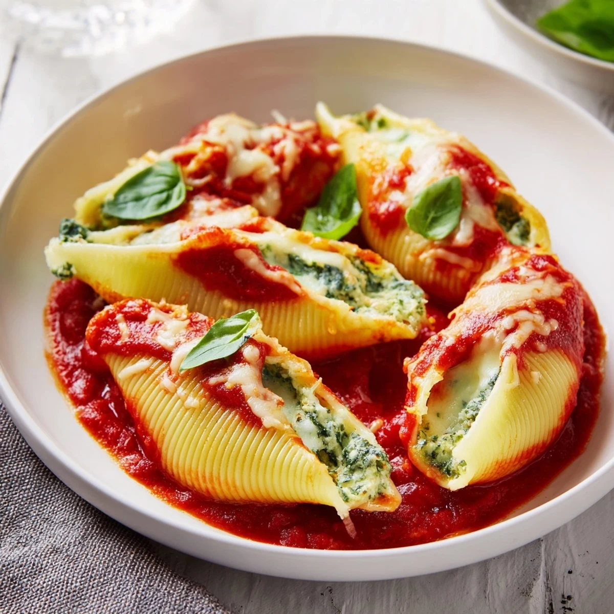 Golden-brown pesto and ricotta stuffed shells bubbling in a rich tomato sauce, ready to serve.