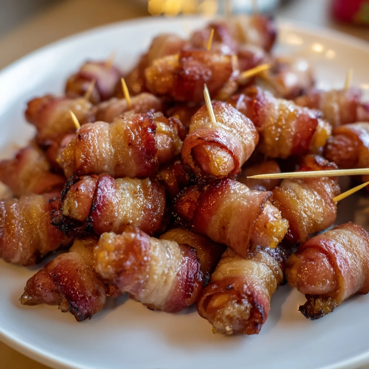 Crispy 3-Ingredient Bacon-Wrapped Smokies, glistening with caramelized brown sugar, served hot.