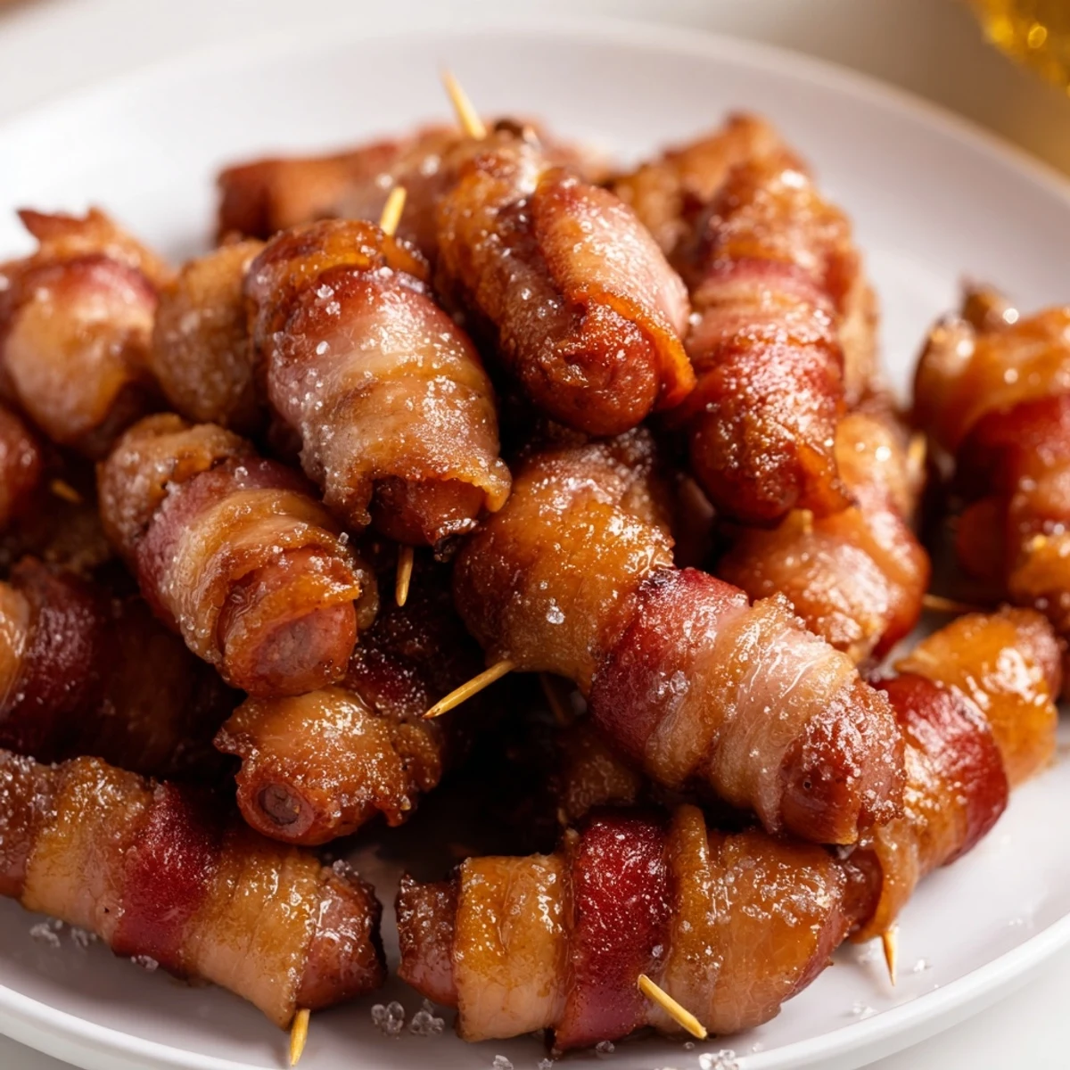 Close-up of baked 3-Ingredient Bacon-Wrapped Smokies, a savory treat ready to be enjoyed.