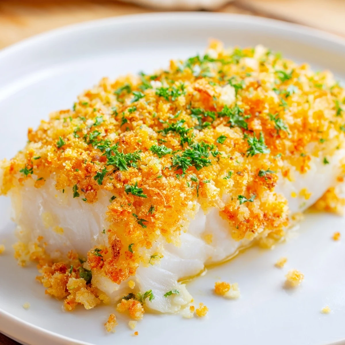 Golden-brown Baked Cod with Crispy Ritz Cracker Topping, ready to serve with lemon wedges.