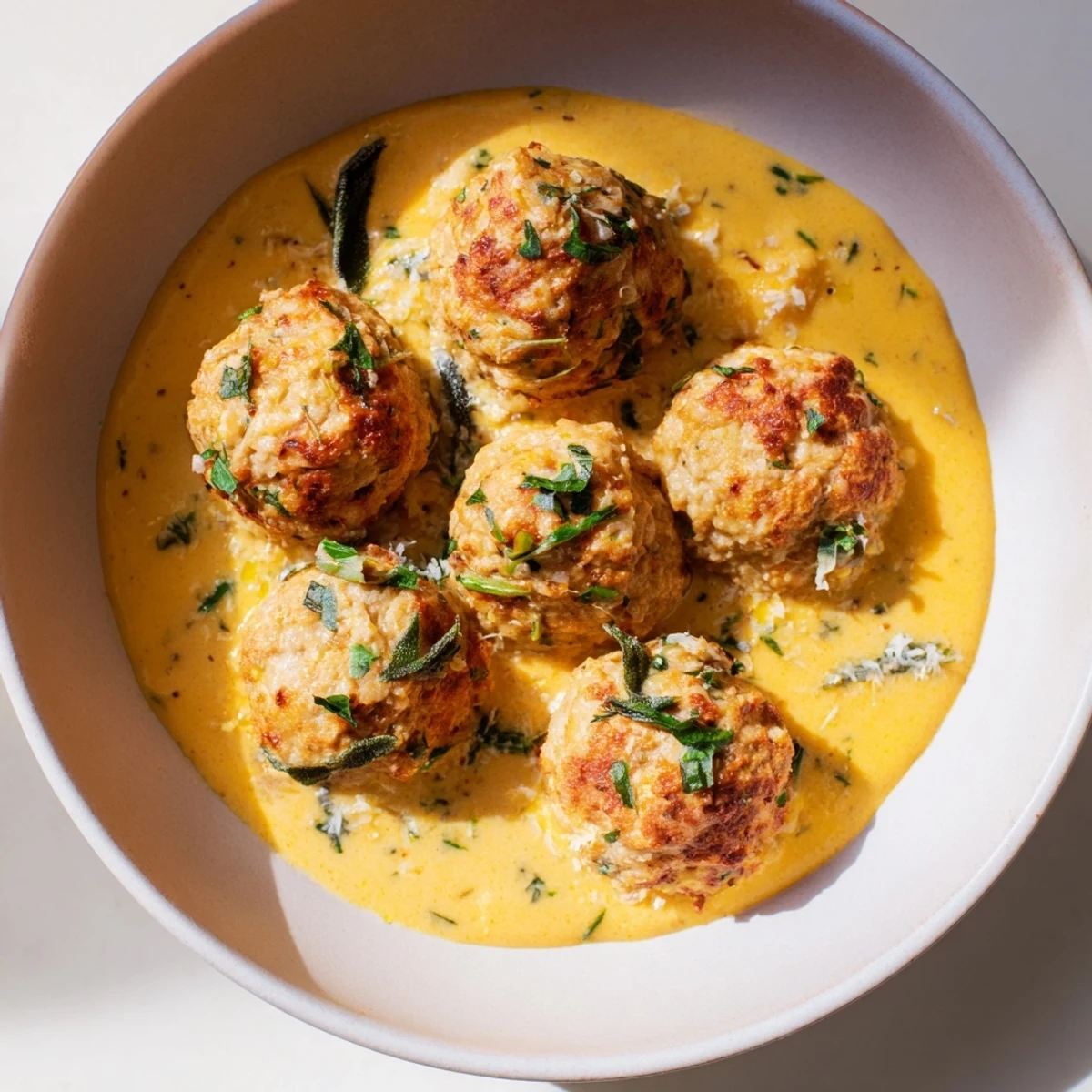 A close-up of tender turkey meatballs smothered in rich pumpkin sage sauce; ideal comfort food.