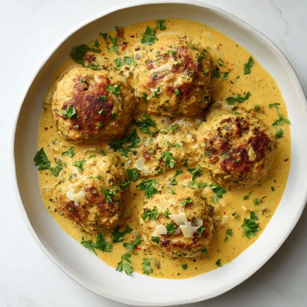 Warm, inviting picture of turkey meatballs in pumpkin sage sauce, ready over pasta for serving.