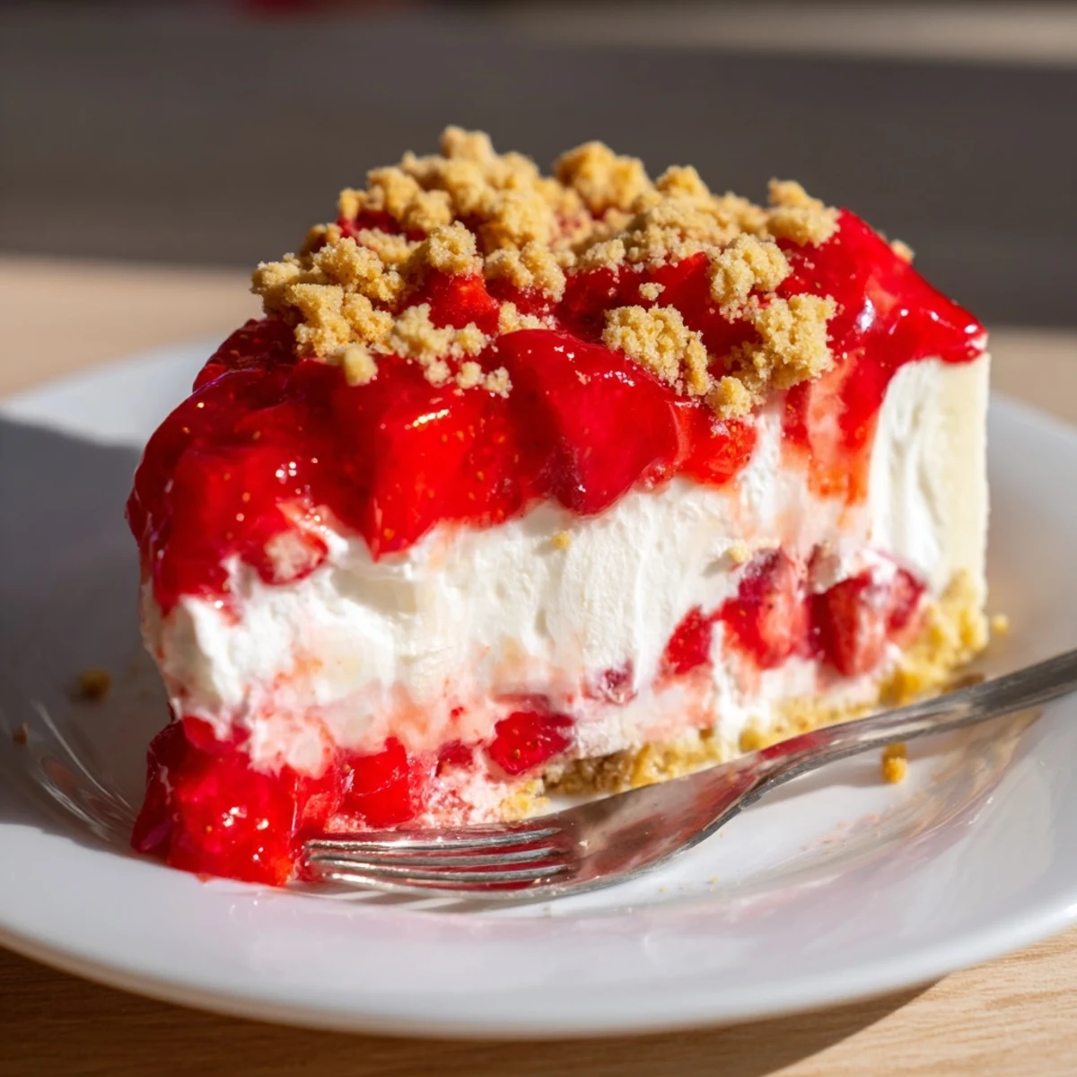This photo features a decadent strawberry shortcake cheesecake: layers with a golden, crumbly top.