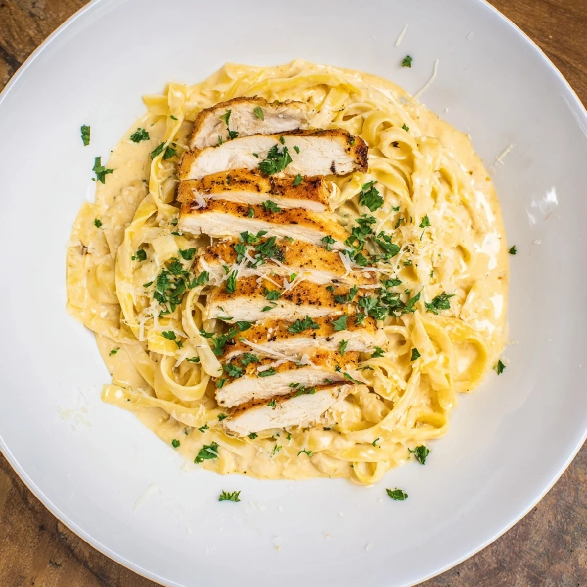 A generous serving of Cajun Chicken Alfredo fettuccine pasta, creamy and coated in a cheesy sauce.