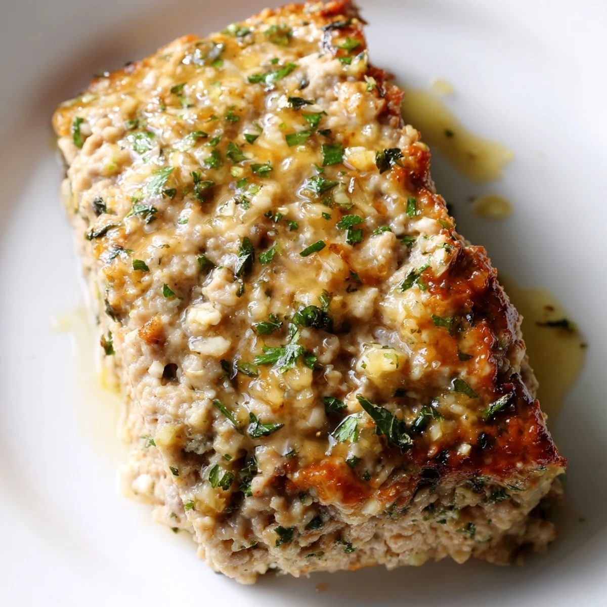 Hearty, homemade Juicy Garlic Parmesan Chicken Meatloaf, showcasing a delicious, savory Parmesan crust.