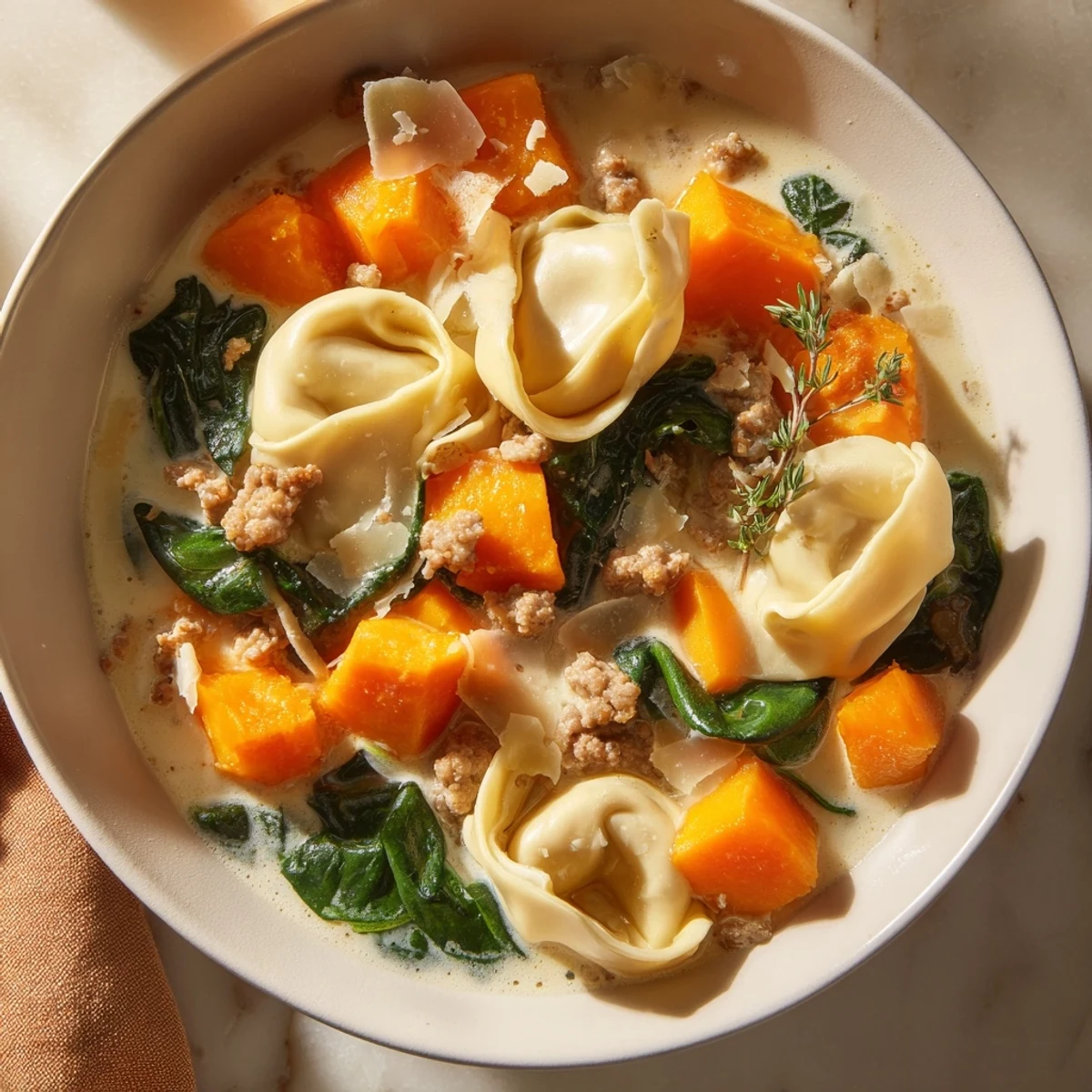 Steaming bowl of creamy sausage tortellini soup with sweet potatoes, spinach, and Italian herbs.