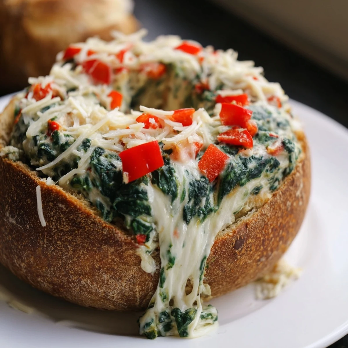 Melting cheese topping the delicious Express Holiday Spinach Dip, served with bread for dipping.