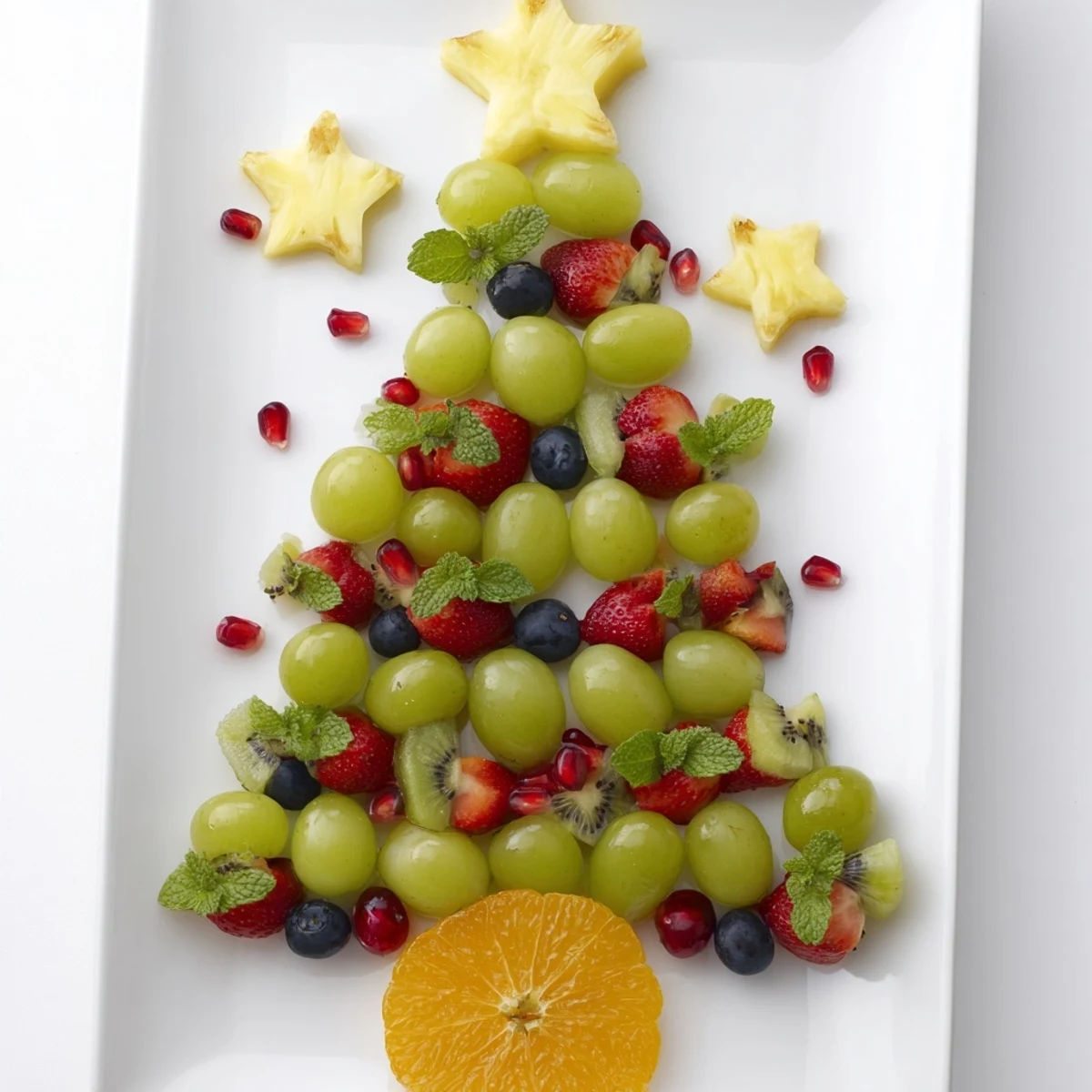 A colorful Quick Christmas Tree Fruit Platter, with kiwi and pineapple stars, ready for your Christmas table.