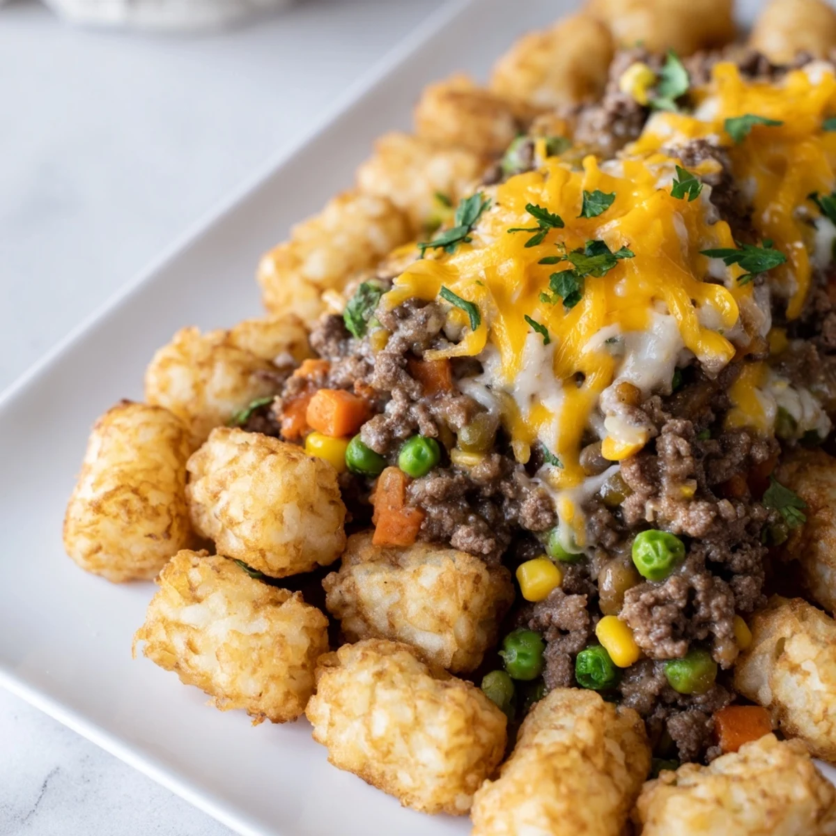 Golden, crispy tater tots crown a hearty Quick Christmas Tater Tot Casserole bubbling with cheesy goodness.