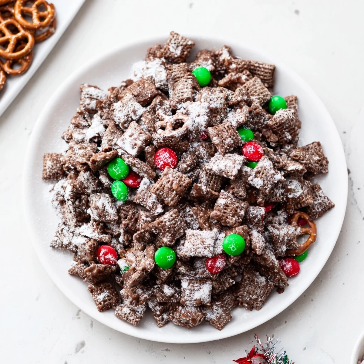 Snow-dusted Simplified Reindeer Chow mix with colorful candies and pretzels offers holiday flavors.