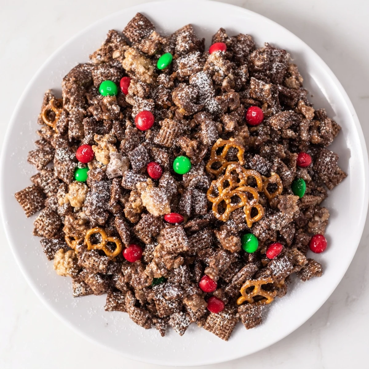Homemade Simplified Reindeer Chow; a delicious mix of chocolate, peanut butter, and Chex cereal, ready to enjoy.