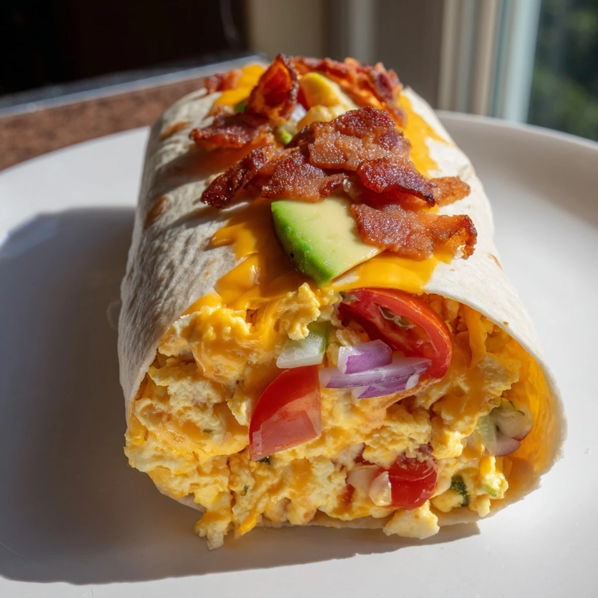 A beautiful shot of finished Easy Festive Breakfast Burrito Wraps, ready to be enjoyed with fresh salsa.