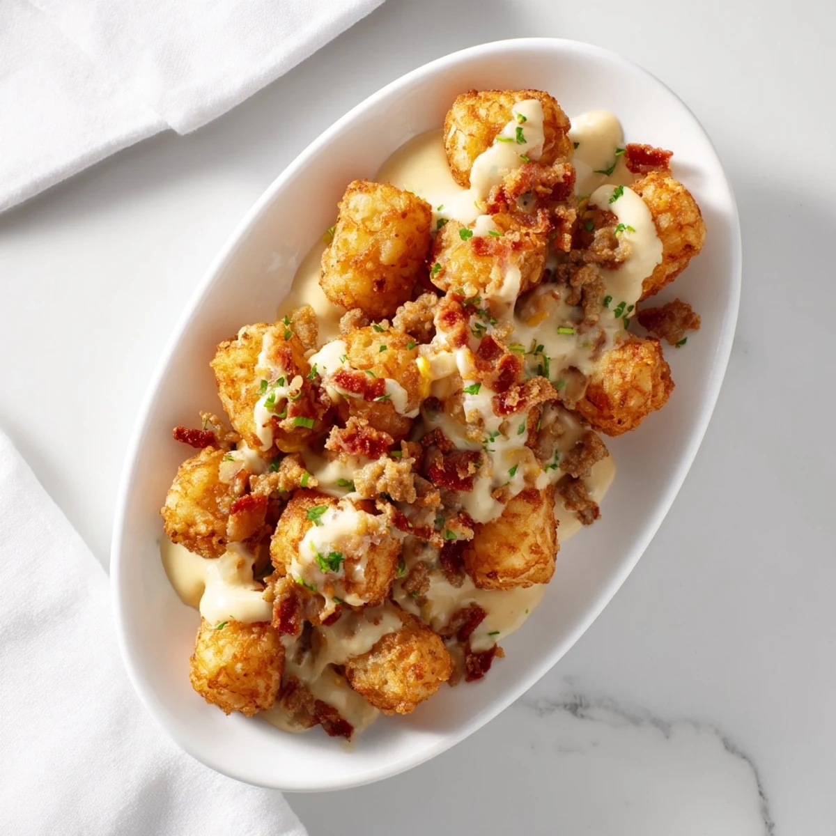 Golden, crispy tater tots crown a hearty Christmas tater tot casserole with melted cheese.