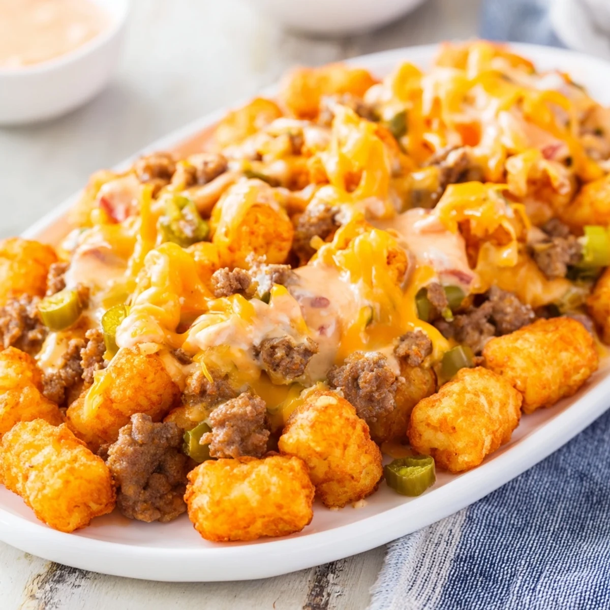 Close-up of a bubbling, cheesy Quick Christmas Tater Tot Casserole, perfect for a cozy holiday dinner.