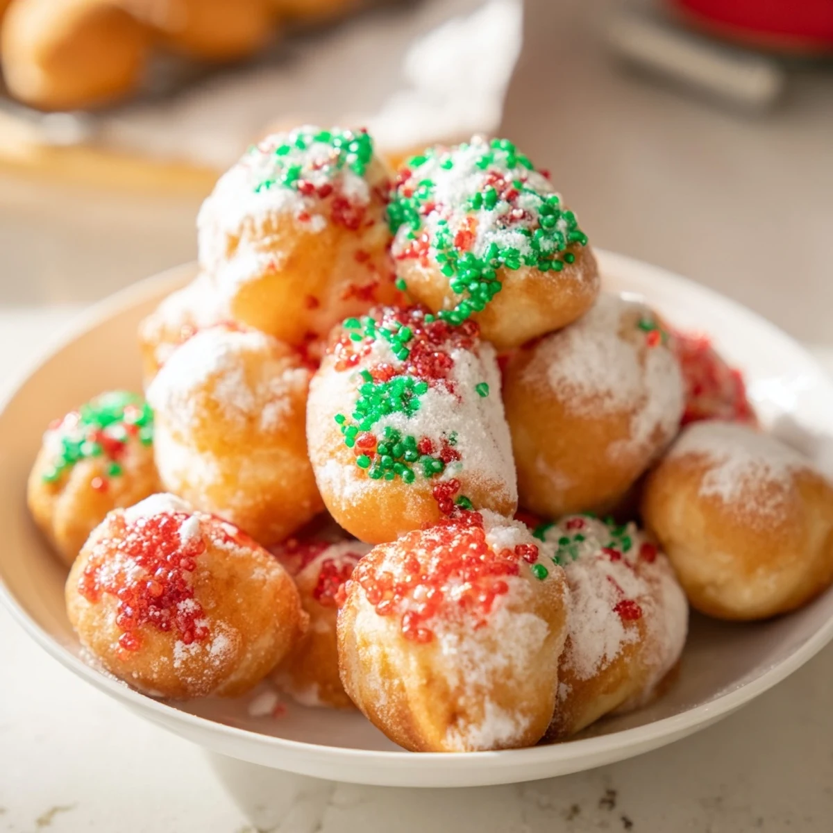 Close-up of freshly made Air Fryer Christmas Donut Holes, with colorful sprinkles and a hint of cinnamon aroma.